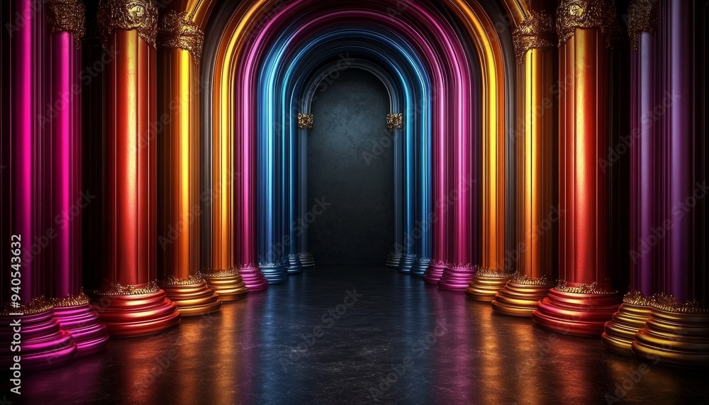 Colorful Archway with Golden Columns and a Dark Background Colorful Archway with Golden Columns and a Dark Background