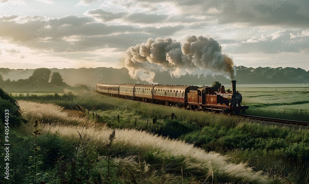 Obraz premium Vintage steam train with ancient locomotive and old carriages runs on the tracks in the countryside. 
