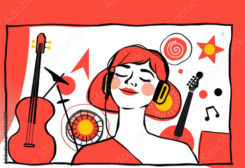 Musician's Dream: A Sleeping Woman with Headphones and Musical Instruments