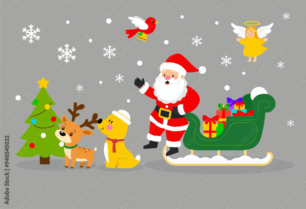 Santa Claus and his reindeer friends on a snowy Christmas Eve Santa Claus and his reindeer friends on a snowy Christmas Eve