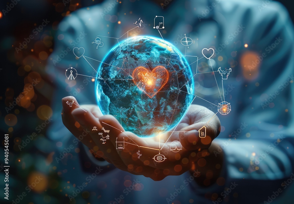 Obraz premium A digital futuristic and technological approach to global healthcare. doctor holding a holographic globe. Surrounding the globe are various icons and symbols related to health and medicine.