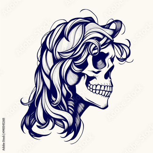 Skeletal Head Profile with Curly Hair