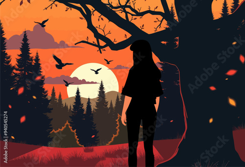 Silhouette of a person standing in front of a tree during a sunset with birds flying around