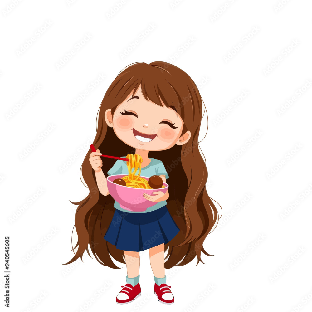Smiling Girl with Long Brown Hair Holding Bowl of Pasta and Meatballs Smiling Girl with Long Brown Hair Holding Bowl of Pasta and Meatballs