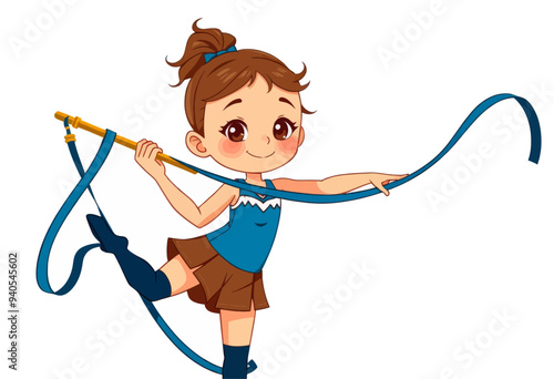 Smiling Girl in Blue Costume with Ballet Shoes and Blue Ribbon, Dancing with Blue Ribbons