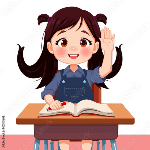 Smiling Girl with Pigtails, Wearing Overalls, Reading Book at Desk