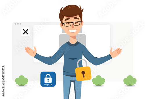 Smiling Man with Glasses and Locked Screen, Holding Key and Security Icon