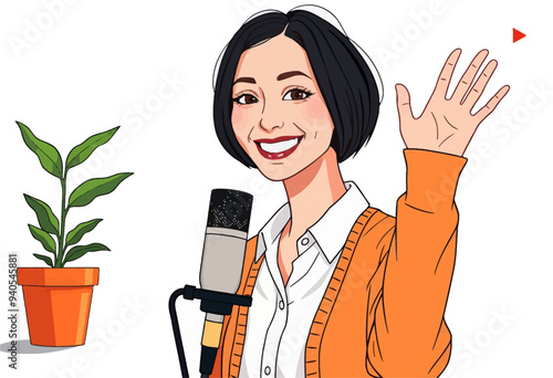 Smiling Woman Waving with Microphone, Illustration