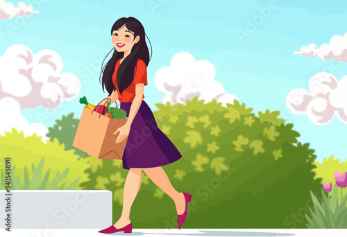 Smiling Woman Walking with Fresh Produce Bag