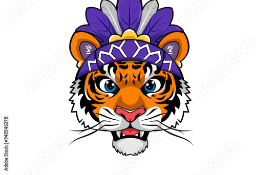 Stylized Tiger Head with Feather Headdress and Tribal Paint