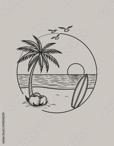Sunset at the beach with palm tree and surfboard