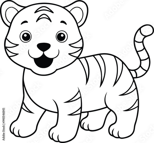 Happy and smiling baby tiger outline illustration, kids tiger line art