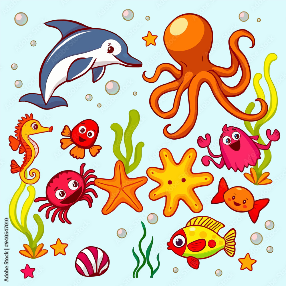 Obraz premium Underwater Adventure: A Colorful Collection of Marine Creatures