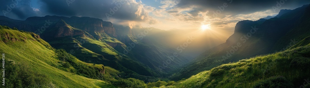 Fototapeta premium Sunset Over Majestic Mountain Valley