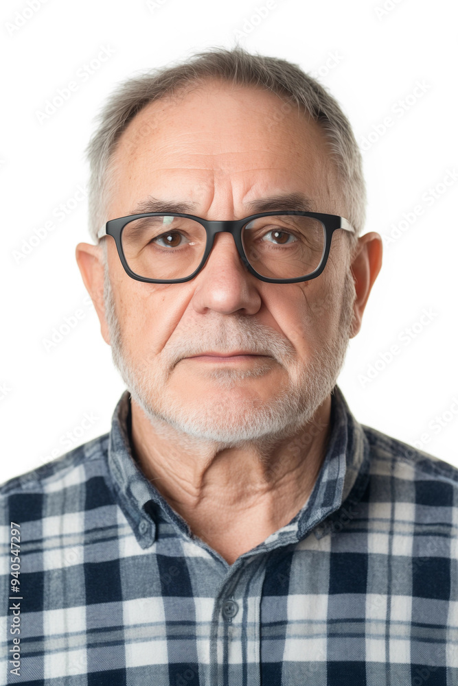 Passfoto - Alter Mann mit Brille und Bart und grauen Haaren 