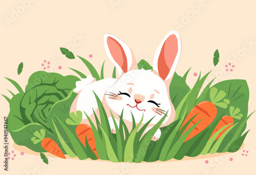 Whimsical Easter Bunny with Carrots and Grass