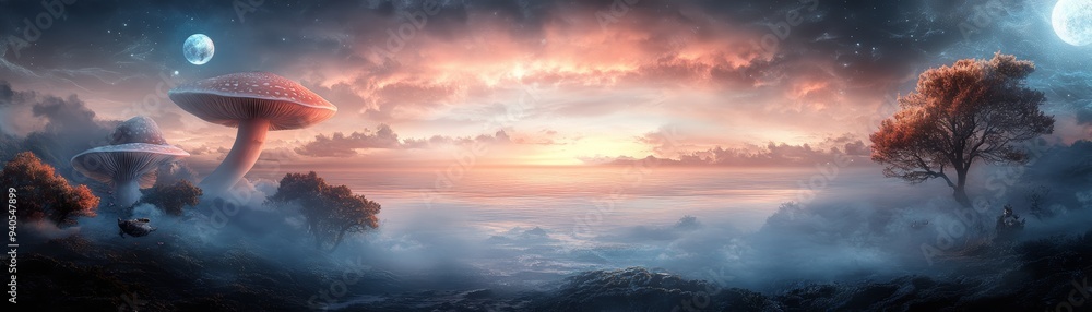 A captivating alien landscape showcasing vibrant colors, mysterious trees, and celestial bodies under a surreal sky. A captivating alien landscape showcasing vibrant colors, mysterious trees, and celestial bodies under a surreal sky.
