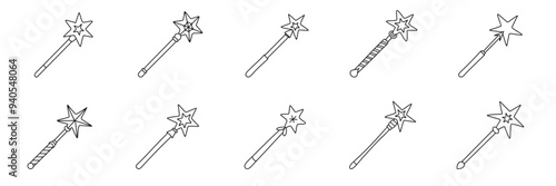Collection of magic wand in doodle style. Hand drawn vector art.