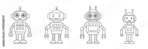 Collection of retro robot in doodle style. Hand drawn vector art.