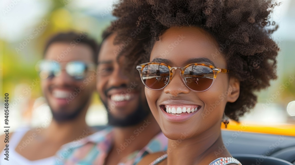 Three friends wearing sunglasses, smiling and enjoying a sunny day outdoors, capturing a moment of joy and friendship. Three friends wearing sunglasses, smiling and enjoying a sunny day outdoors, capturing a moment of joy and friendship.