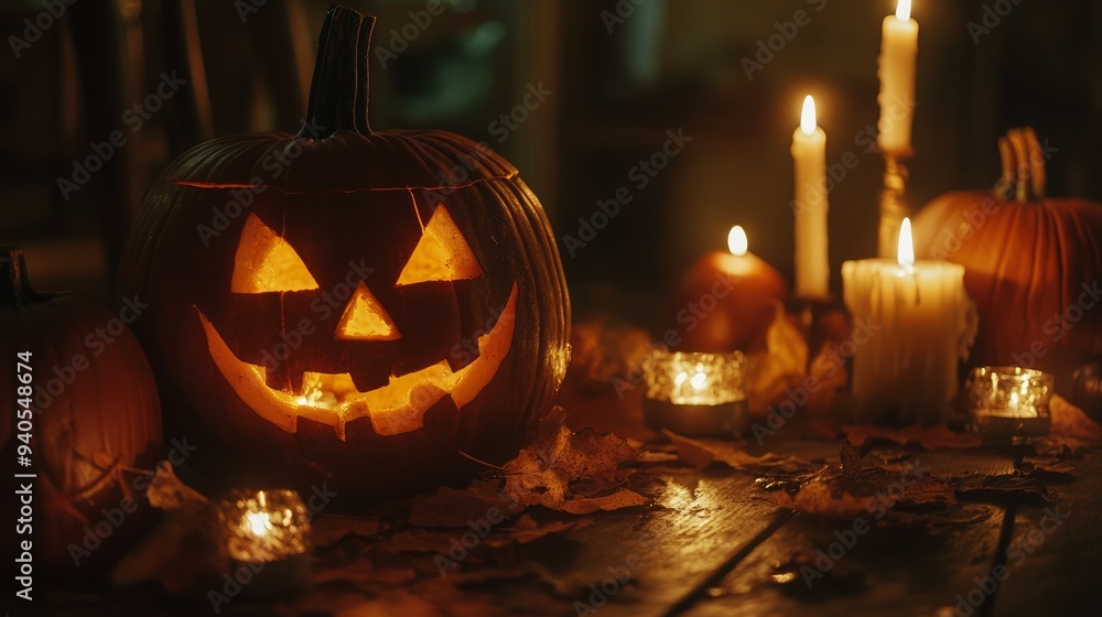 Pumpkins lanterns for Halloween, lying on tha table and illuminated by candles Pumpkins lanterns for Halloween, lying on tha table and illuminated by candles