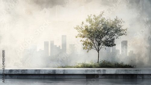 A lone tree stands resilient against a misty city skyline, symbolizing nature's strength amidst urban life.