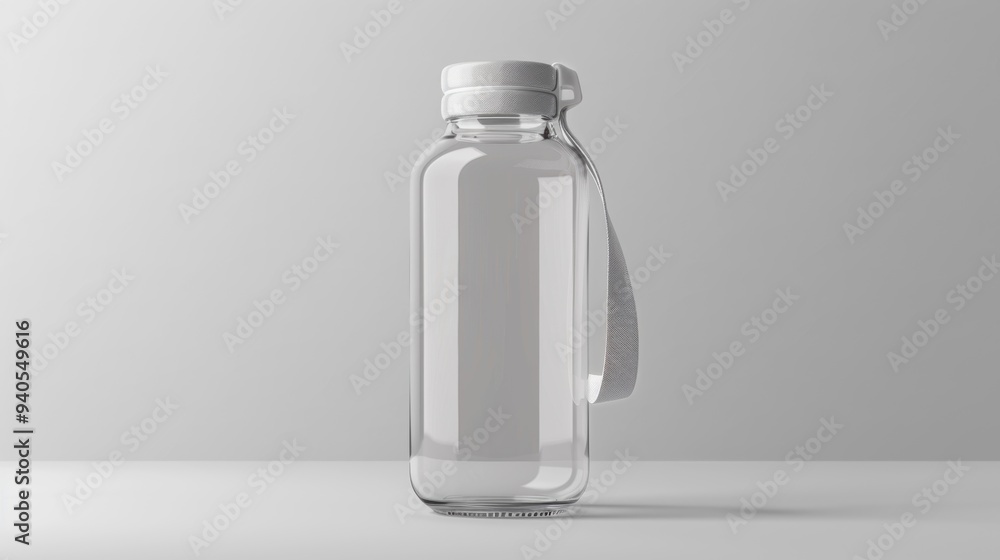 A sleek, minimalist transparent water bottle with a white cap and strap, perfect for modern and stylish hydration needs. A sleek, minimalist transparent water bottle with a white cap and strap, perfect for modern and stylish hydration needs.