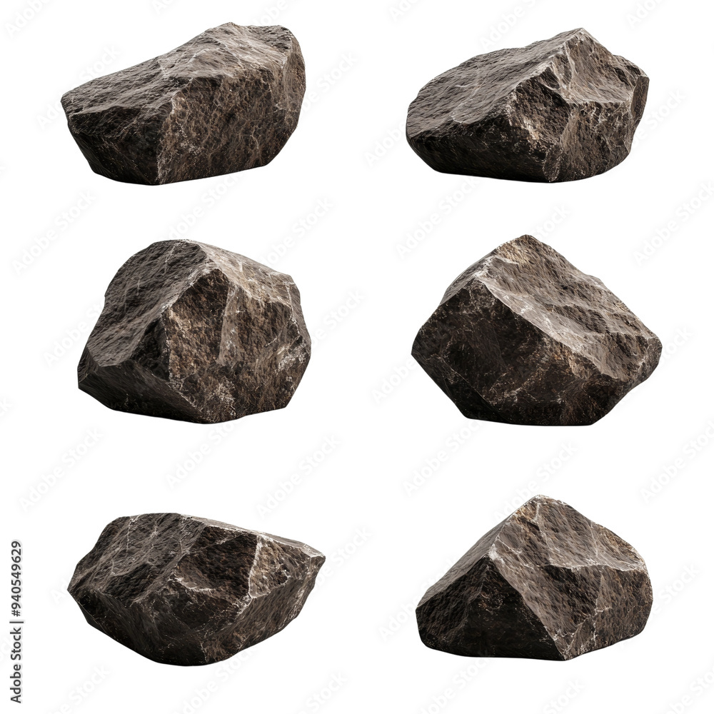 Collection of six realistic rocks showcasing diverse shapes and textures perfect for nature-themed projects. Isolated on transparent background. Collection of six realistic rocks showcasing diverse shapes and textures perfect for nature-themed projects. Isolated on transparent background.