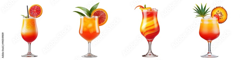 Refreshing tropical cocktails in various glasses, garnished with exotic fruits, perfect for summer parties and beach-themed events. Refreshing tropical cocktails in various glasses, garnished with exotic fruits, perfect for summer parties and beach-themed events.