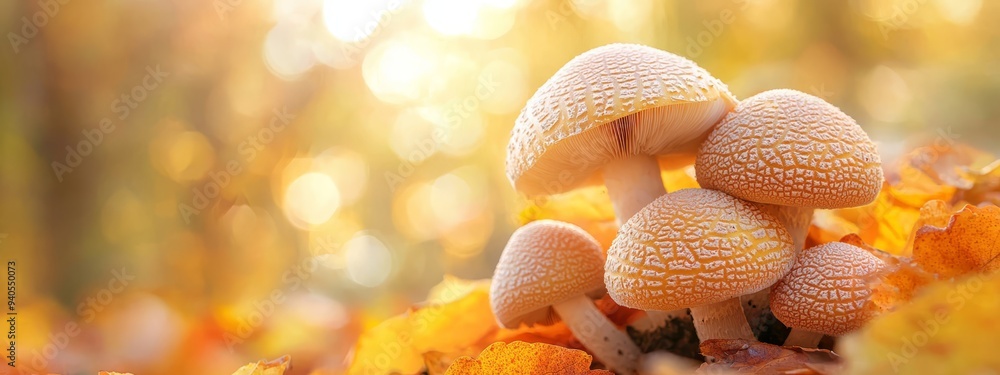A collection of tiny mushrooms atop a mound of golden and orange forest leaves A collection of tiny mushrooms atop a mound of golden and orange forest leaves