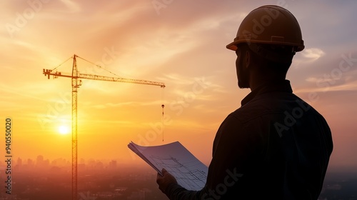 A silhouette of a construction worker reviewing blueprints at sunset, with a crane in the background, showcasing urban development.