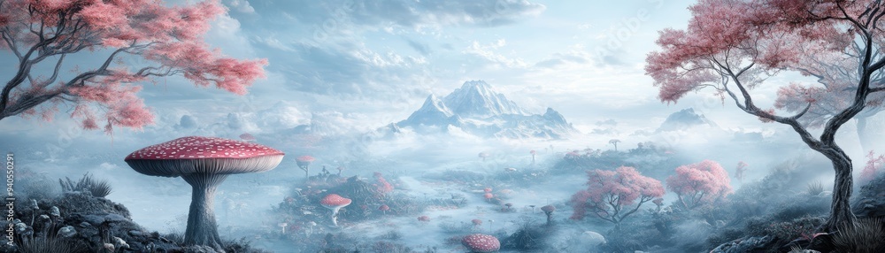 A surreal landscape featuring vibrant mushrooms and cherry blossoms amidst misty mountains, evoking tranquility and magic. A surreal landscape featuring vibrant mushrooms and cherry blossoms amidst misty mountains, evoking tranquility and magic.