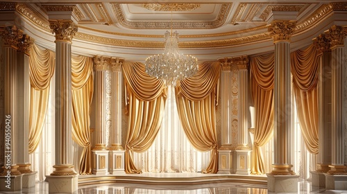 Elegant golden curtain backdrop with crystal chandelier and marble columns, luxurious mansion entrance hall background for photo studio, product display room setting. Generative AI.