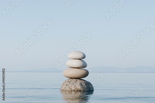 Peaceful Zen Stones Balancing on Tranquil Waters Under Clear Blue Sky