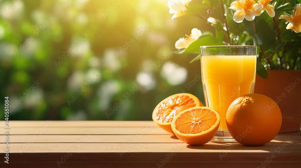 Naklejka premium Glass of Freshly Squeezed Orange Juice with Oranges