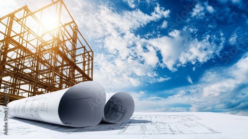 Blueprints and construction site against a bright sky. Ideal for architectural and engineering projects or building concepts.