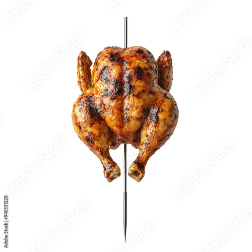 Deliciously cooked rotisserie chicken, perfectly seasoned and grilled to golden perfection. Ideal for culinary presentations. Isolated on transparent background.