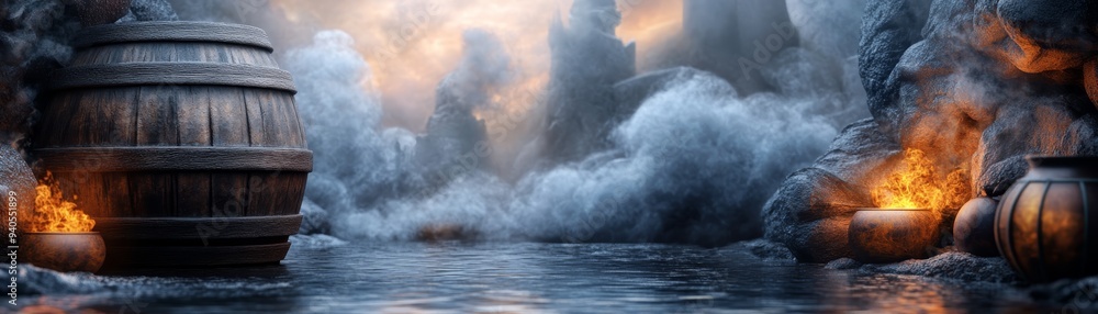 Mysterious scene with wooden barrels surrounded by mist and flames, evoking a sense of adventure and intrigue. Mysterious scene with wooden barrels surrounded by mist and flames, evoking a sense of adventure and intrigue.