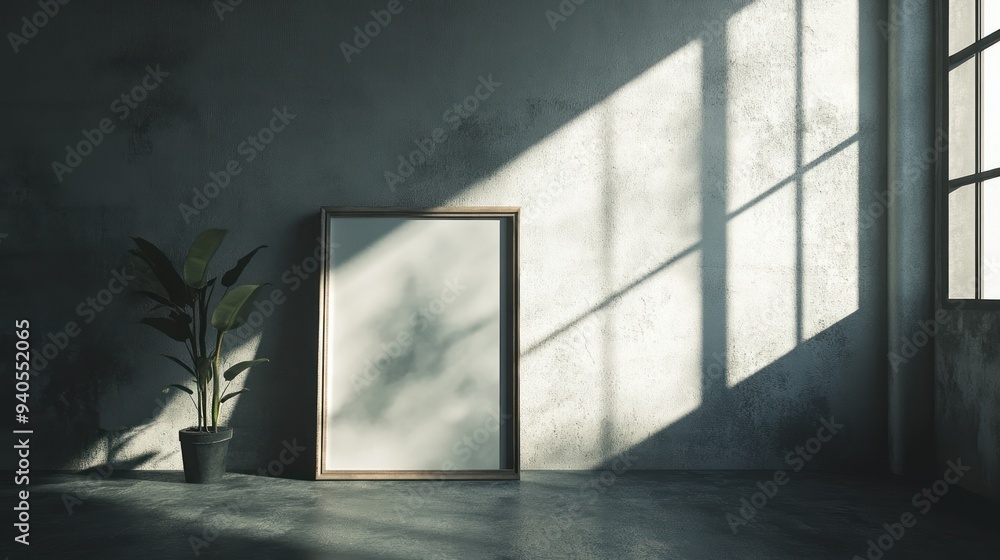 A Blank Canvas in a Sunlit Room with a Plant A Blank Canvas in a Sunlit Room with a Plant