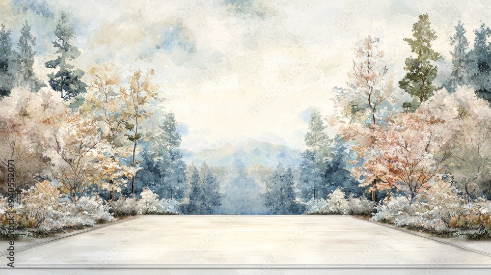 Serene winter landscape with snow-covered trees and a tranquil pathway, evoking calmness and natural beauty. Serene winter landscape with snow-covered trees and a tranquil pathway, evoking calmness and natural beauty.