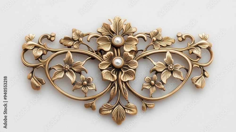 An intricate Art Nouveau brooch design with floral elements and curved lines, Art Nouveau, brooch, decorative An intricate Art Nouveau brooch design with floral elements and curved lines, Art Nouveau, brooch, decorative