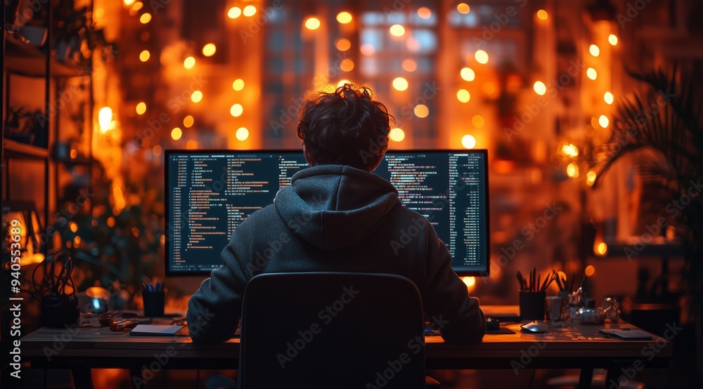 Hacker in Hoodie Coding During Cyber Attack at Night - Cinematic Photography Hacker in Hoodie Coding During Cyber Attack at Night - Cinematic Photography