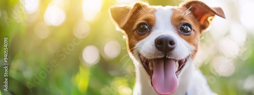  A tight shot of a dog's expressive face with its tongue extending beyond its lips photo