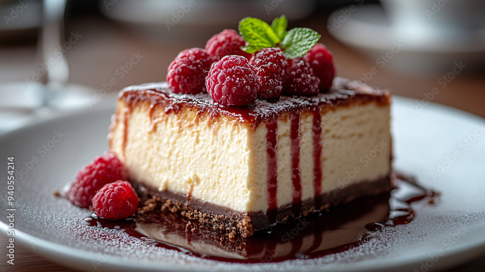 a slice of cheesecake with a raspberry topping and a chocolate drizzle. a slice of cheesecake with a raspberry topping and a chocolate drizzle.