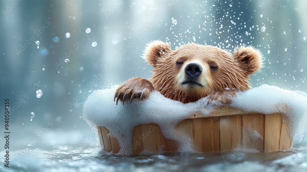 A brown bear in a whimsical bath with playful showers and luxury bubbles, creating a fun and imaginative bathing experience. A brown bear in a whimsical bath with playful showers and luxury bubbles, creating a fun and imaginative bathing experience.