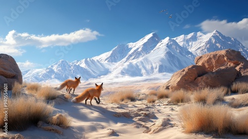 A fox traversing a dramatic desert landscape, with sandy dunes and rugged rocks, offering a stark contrast to its typical forest habitat. photo