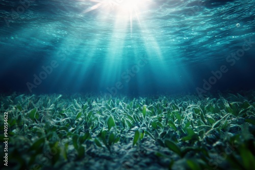 An underwater scene featuring plankton as the primary producers in a food chain, emphasizing their crucial role in generating biomass within ocean ecosystems. 