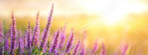  A field filled with purple flowers, the sun shining in their midst