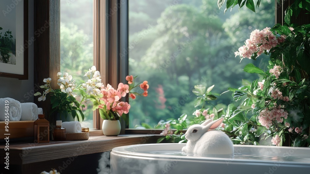 Fototapeta premium A rabbit relaxing in a luxurious spa nestled in a lush forest, surrounded by exotic flowers, soothing steam, and elegant decor, creating a serene retreat.
