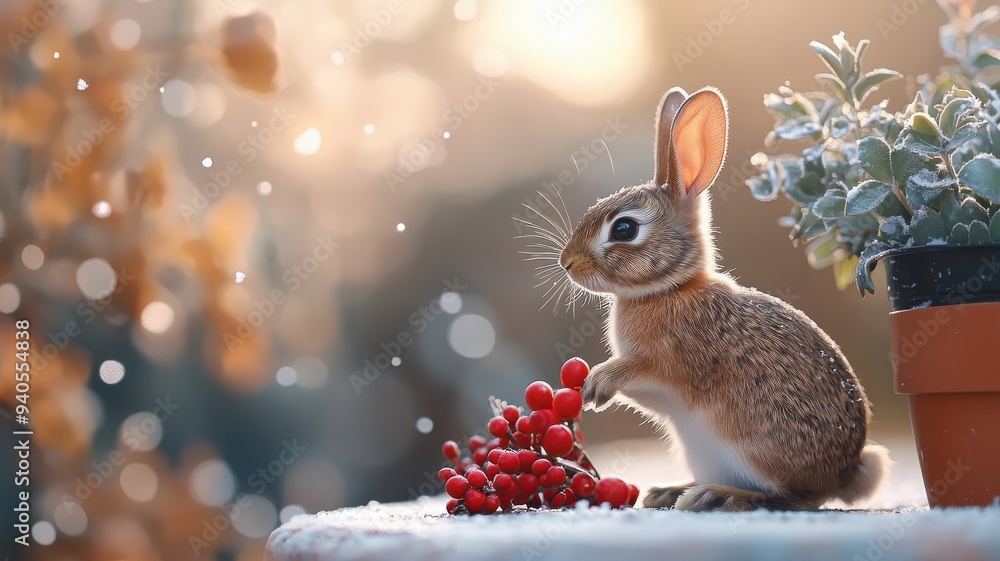 A rabbit exploring a luxurious garden adorned with winter decorations, such as sparkling snowflakes and elegant plants, A rabbit exploring a luxurious garden adorned with winter decorations, such as sparkling snowflakes and elegant plants,